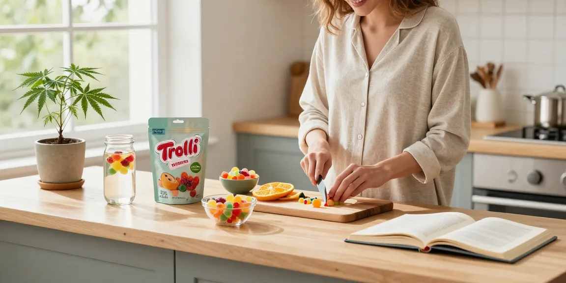 Trolli sweets surrounded by fresh fruits and CBD wellness items, showcasing natural health-oriented lifestyle.