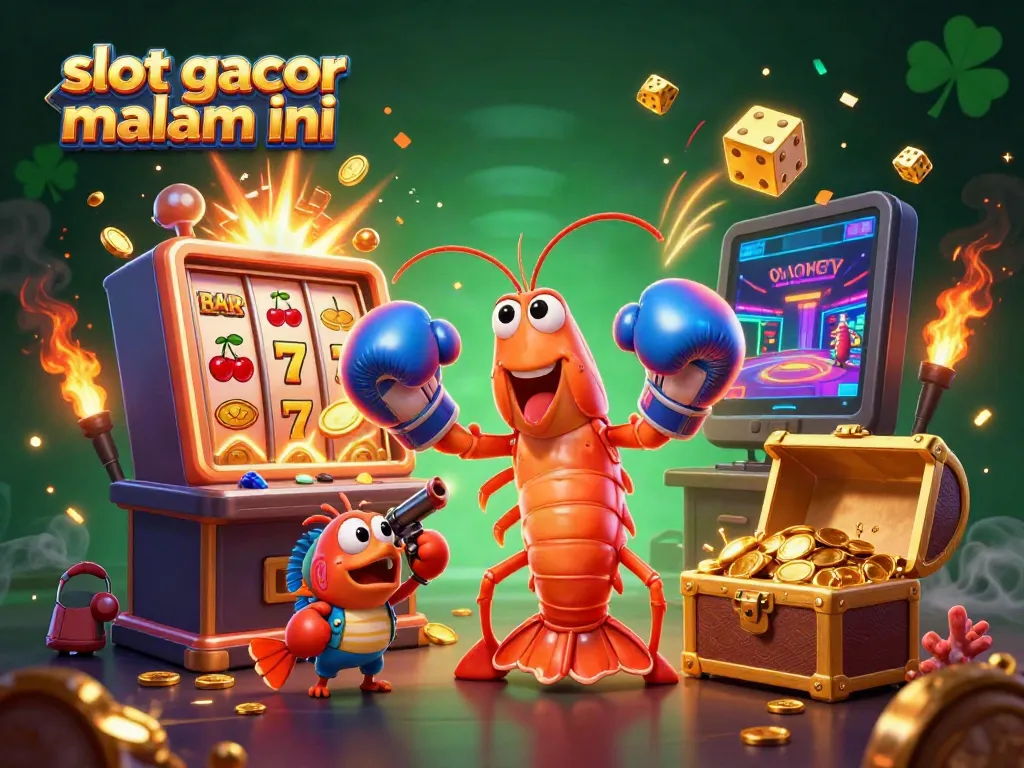 Slot gacor malam ini menampilkan ilustrasi 3D dengan karakter udang mantis dan elemen kasino yang cerah.