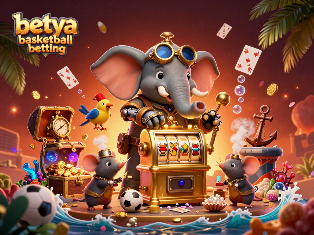 Experience betya basketball betting with a vibrant scene of a steampunk elephant and thrilling sports elements.