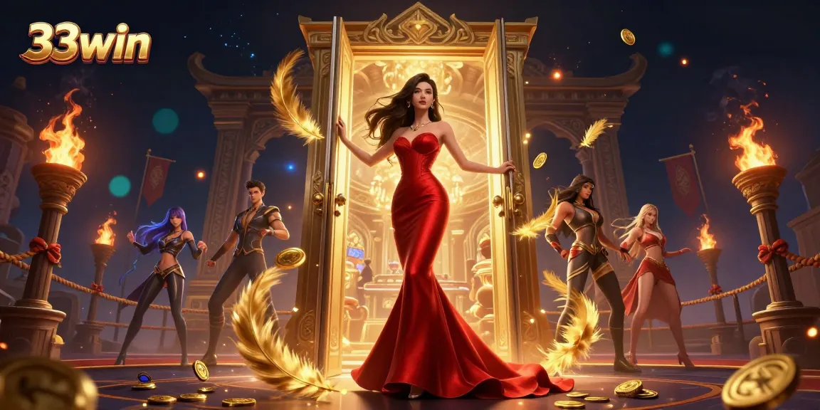 Experience thrilling games at 33win, where golden tokens surround our stunning woman in a glamorous casino setting.
