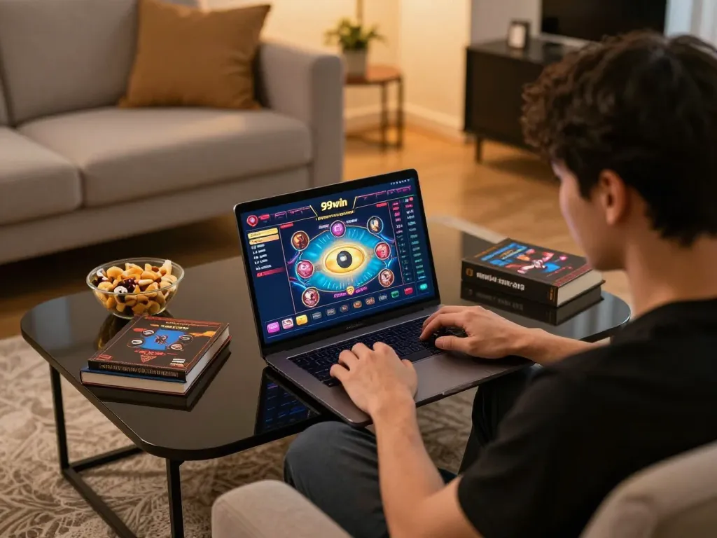 Engaged player explores the 99win online casino interface on laptop in a cozy home setup.