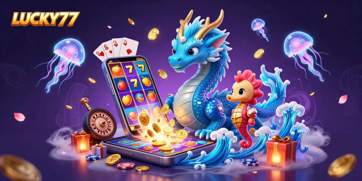 Experience thrilling slot games like LUCKY77 with an azure water dragon and vivid casino elements.