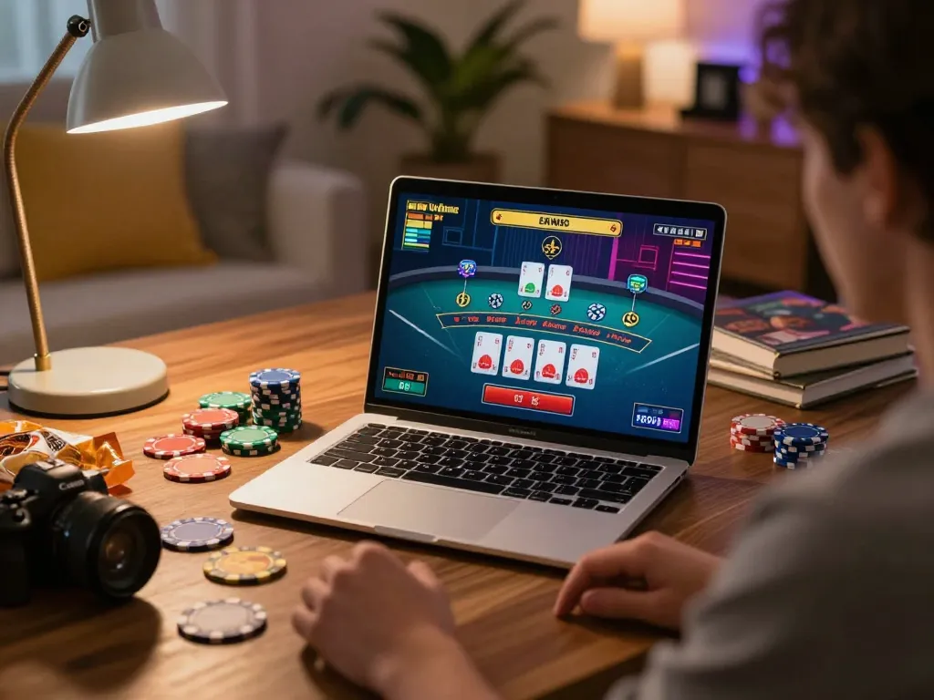 Engaging in online blackjack at https://l567.tech/ with a cozy gaming setup and live dealer.