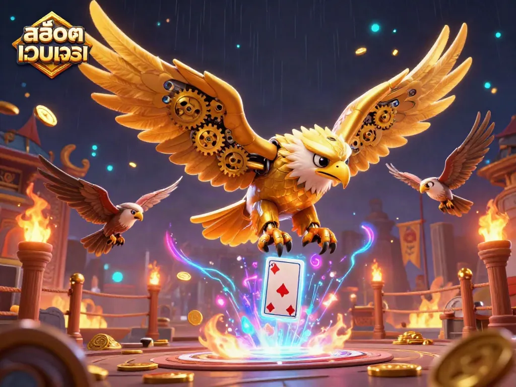 Engage with a stunning 3D illustration showcasing สล็อตเว็บตรง, featuring a bold golden eagle soaring amidst holographic playing cards.