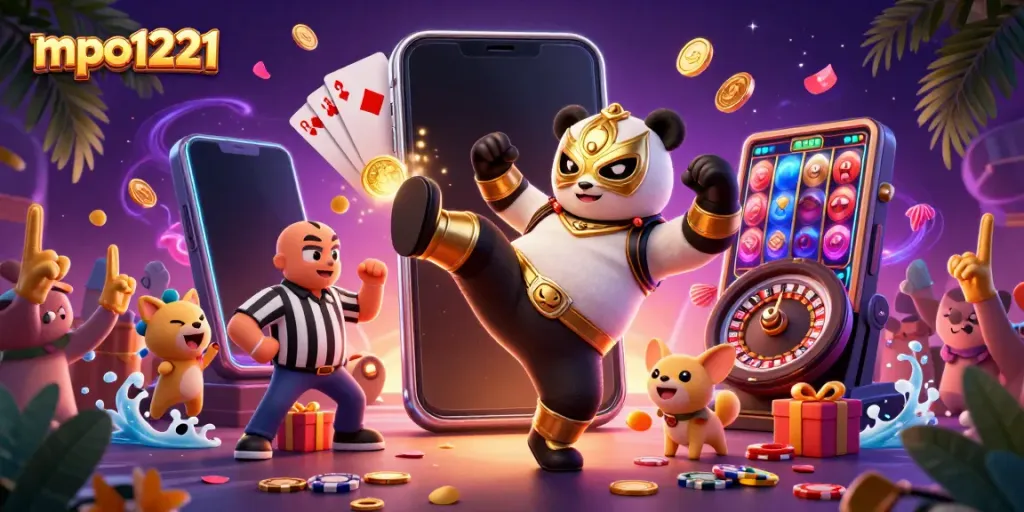 Experience thrilling gameplay with mpo1221 as the panda wrestler kicks off a vibrant casino scene.