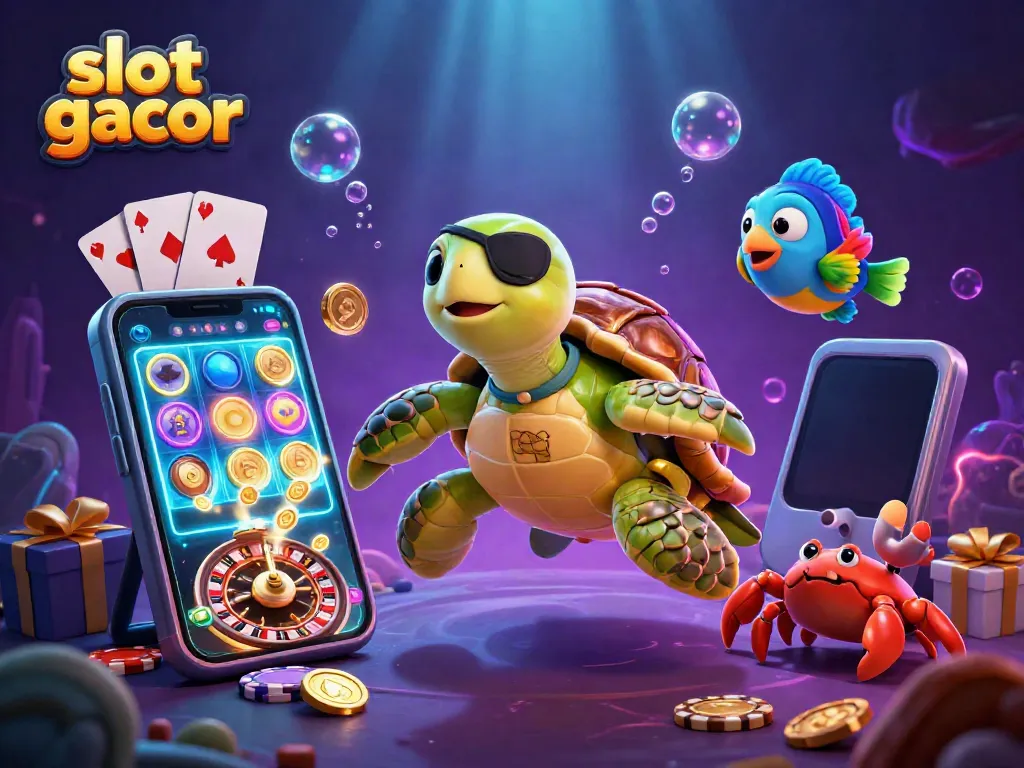 Slot gacor menarik yang menampilkan karakter kartun 3D dan elemen kasino di bawah laut.