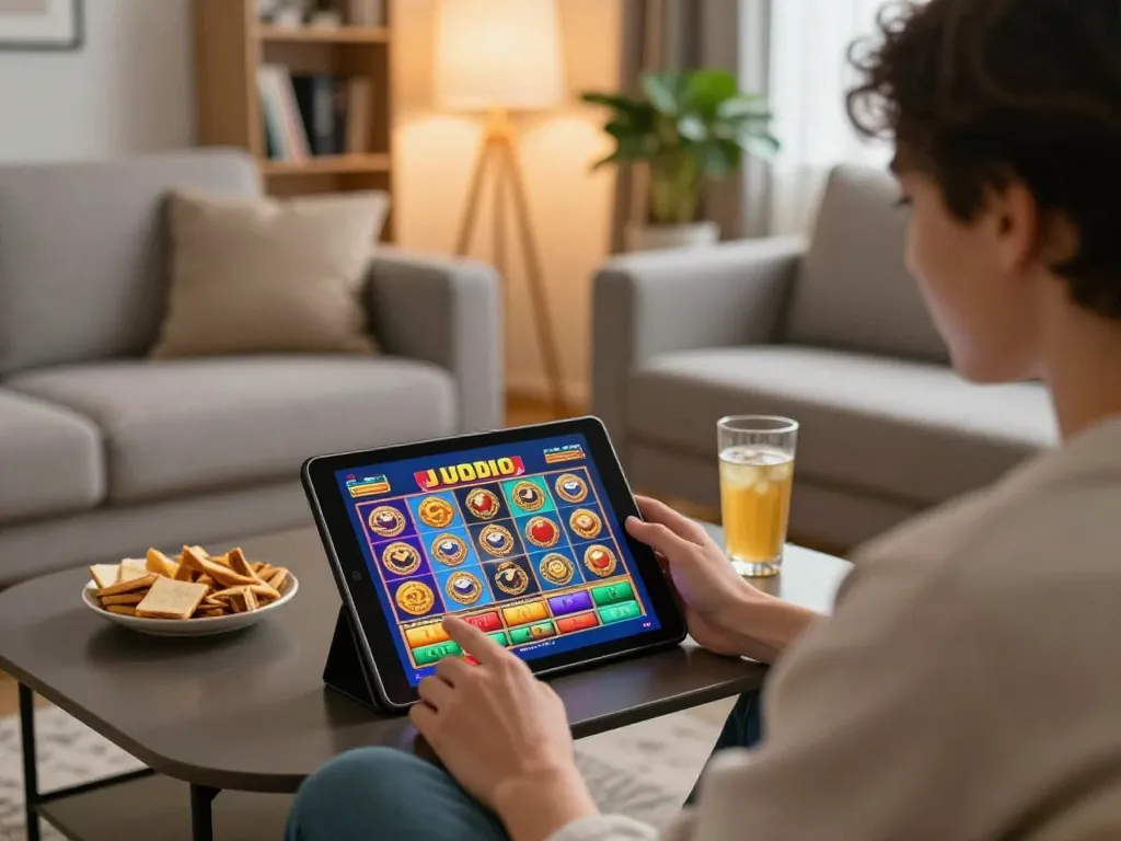 Engaging in strategic judi slot gameplay on a tablet in a cozy home setting.