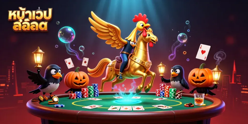 Experience thrilling action at หน้าเว็บสล็อต with a unique golden rooster character and vibrant casino elements.