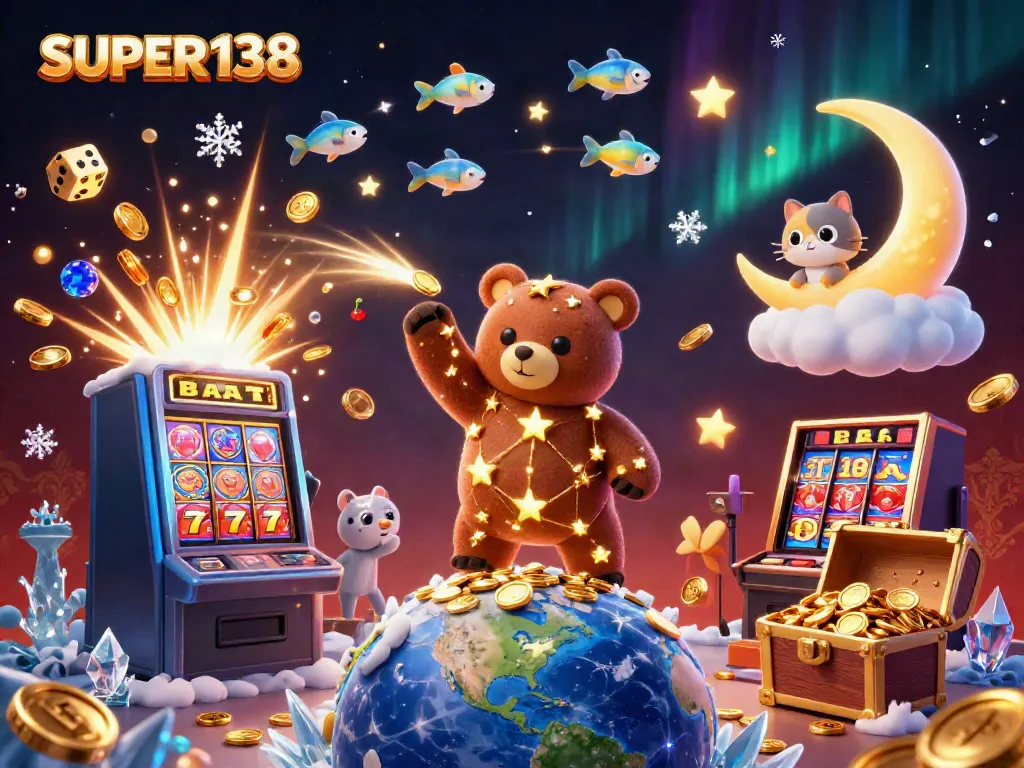 Experience the excitement of SUPER138 with a vibrant casino-themed illustration rich in detail.