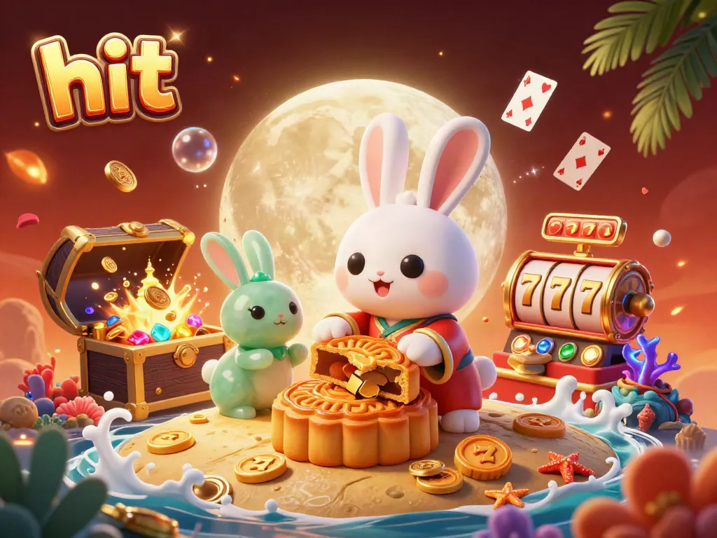 Spin the reels with "hit" in a vibrant casino scene illustrating 3D moon rabbit and rich game elements.
