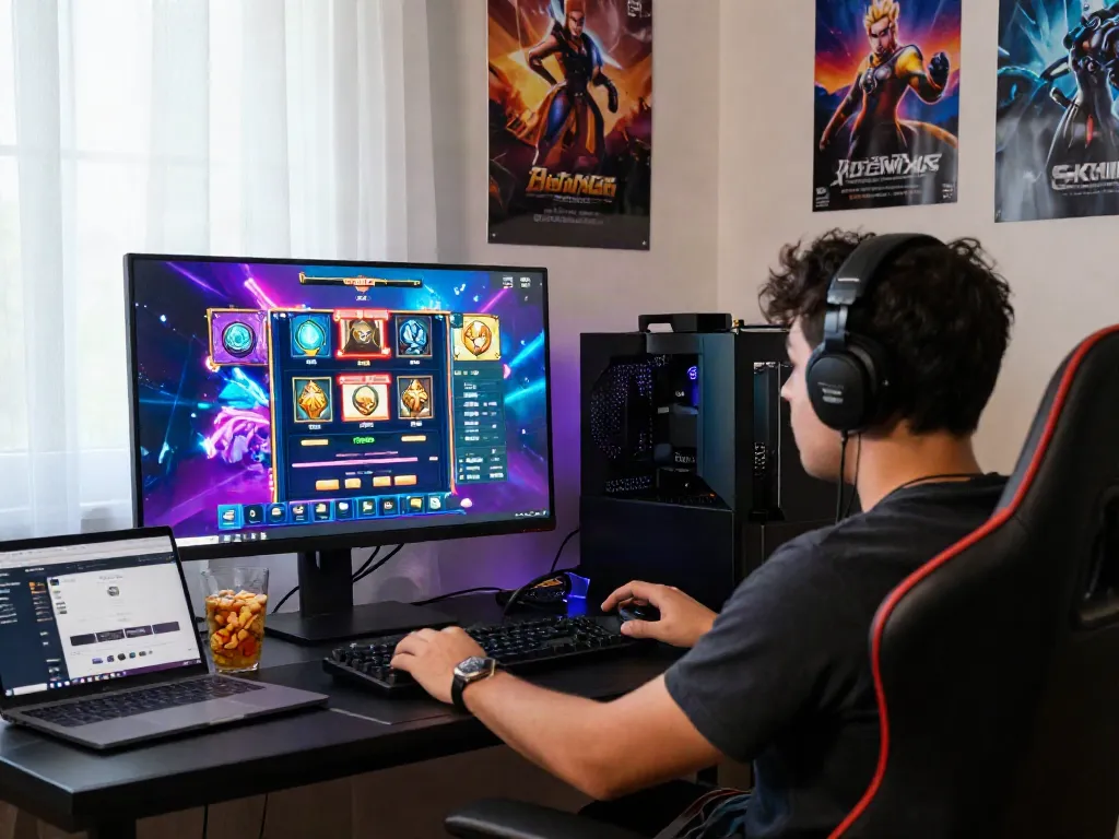 Player exploring slot maxwin games in a vibrant home gaming setup.
