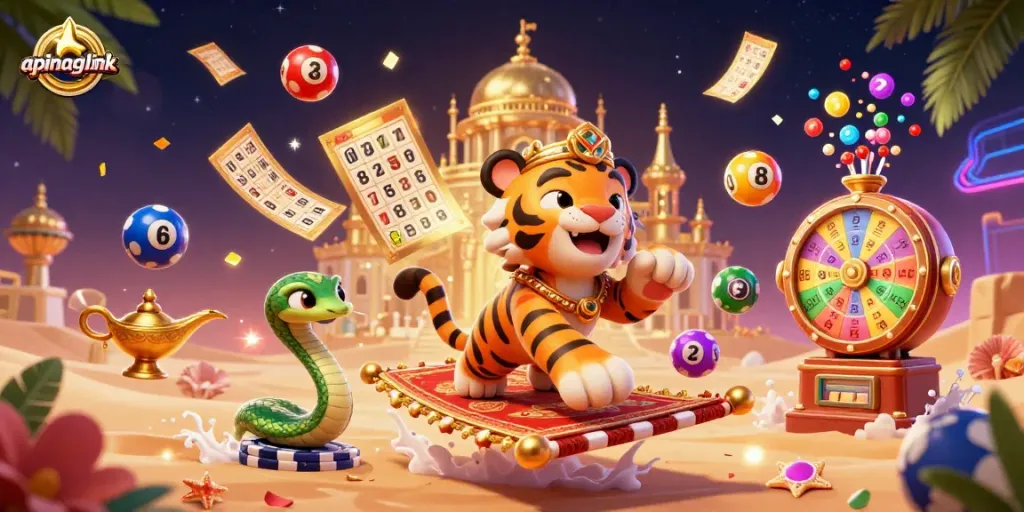 Win big with apinagalink in this vibrant illustration featuring a tiger sultan and exciting lottery elements.