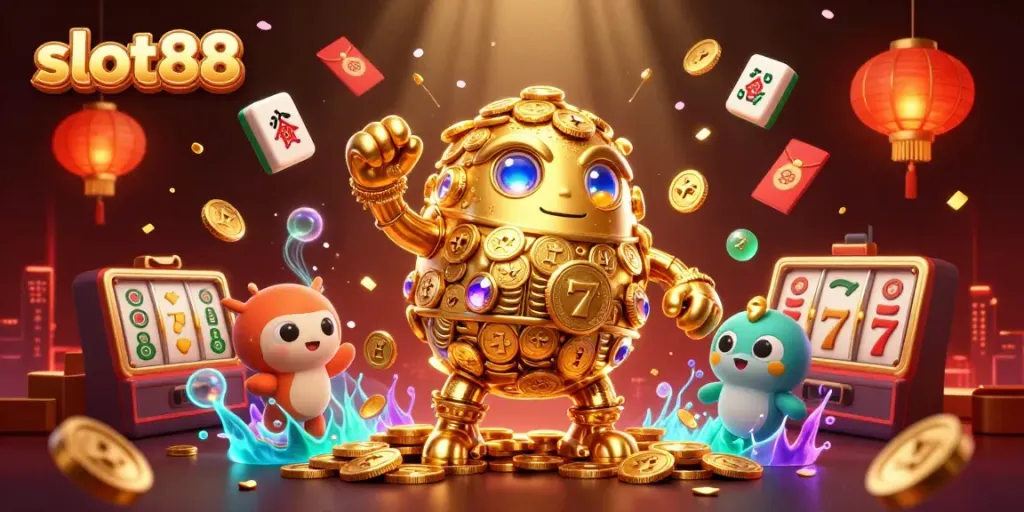 Experience thrilling gameplay on slot88 with vibrant casino elements and a lucky golden golem.