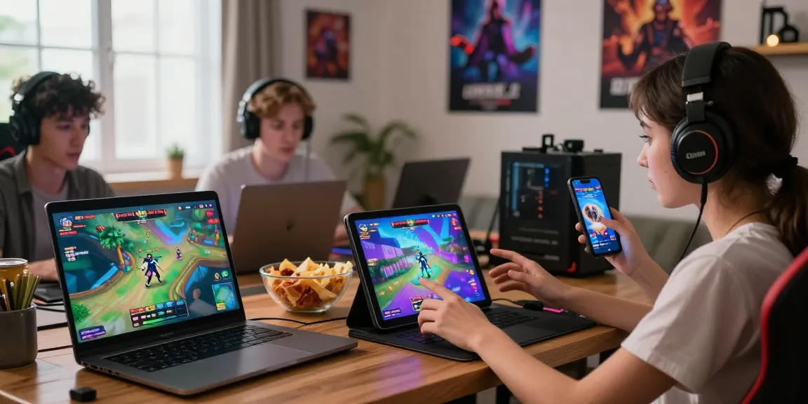 Engaged players enjoying free porn games on laptops, tablets, and smartphones in a cozy gaming environment.
