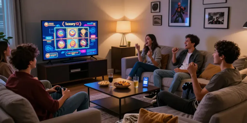 Friends enjoying an evening of luxury12 slot games in a cozy living room with snacks and drinks.
