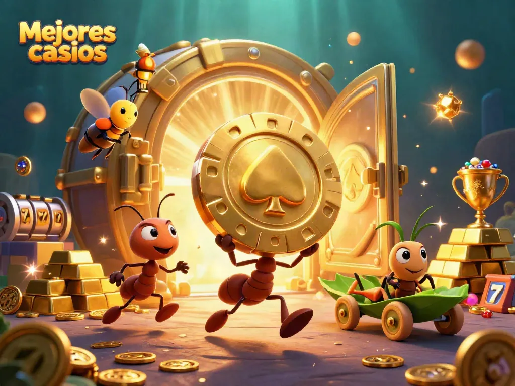 Conoce los mejores casinos mientras los personajes transportan fichas de oro en una escena de juego.