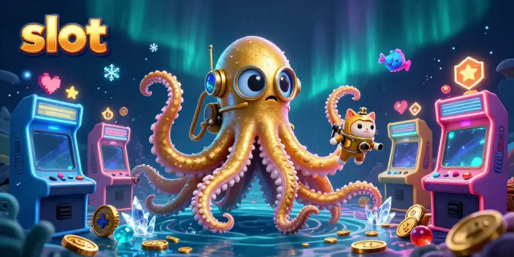 Experience thrilling slot gameplay with a colossal kraken, diving cat, and casino-themed arcade elements.