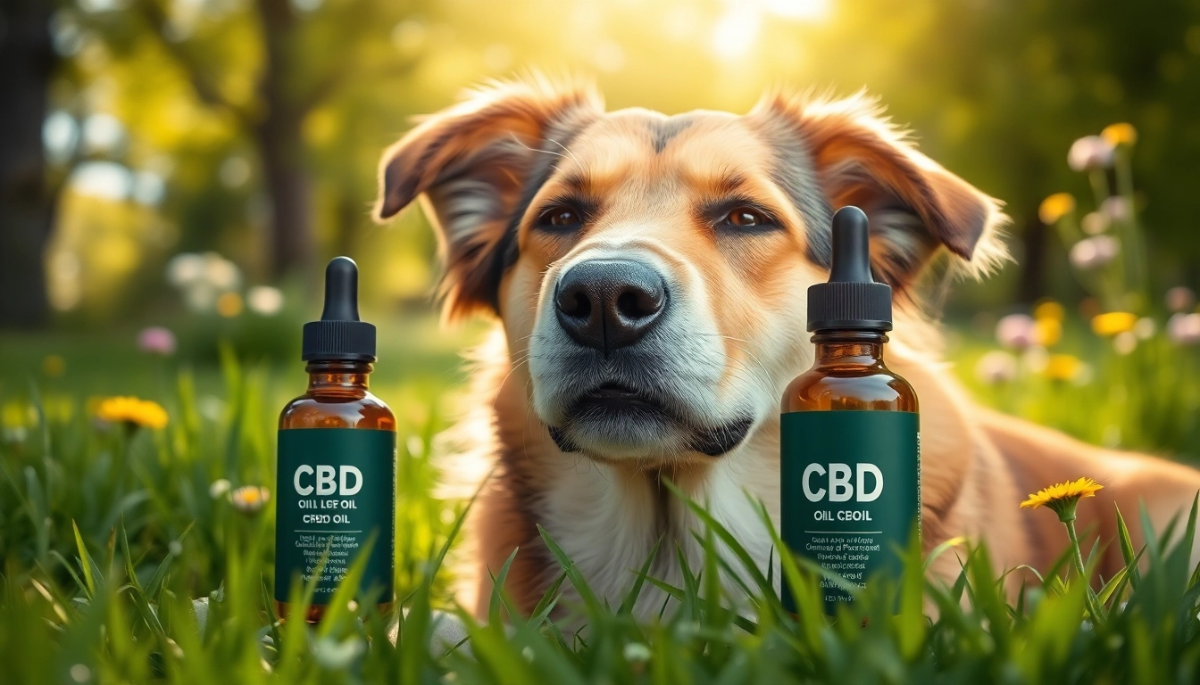Dog benefiting from CBD For Pet in a serene garden setting with a bottle of CBD oil.