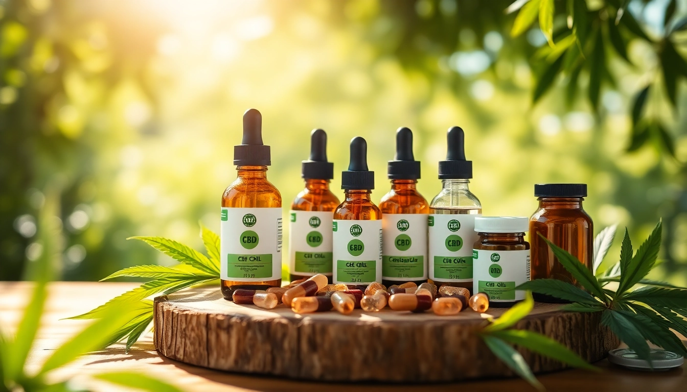Highlight CBD products elegantly displayed on a wooden table surrounded by greenery.