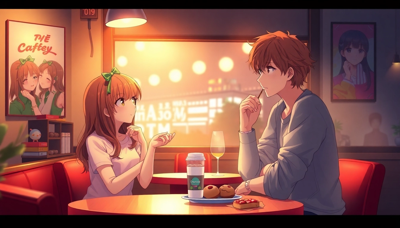 Anime sex scene in a vibrant café with playful characters and romantic ambiance.