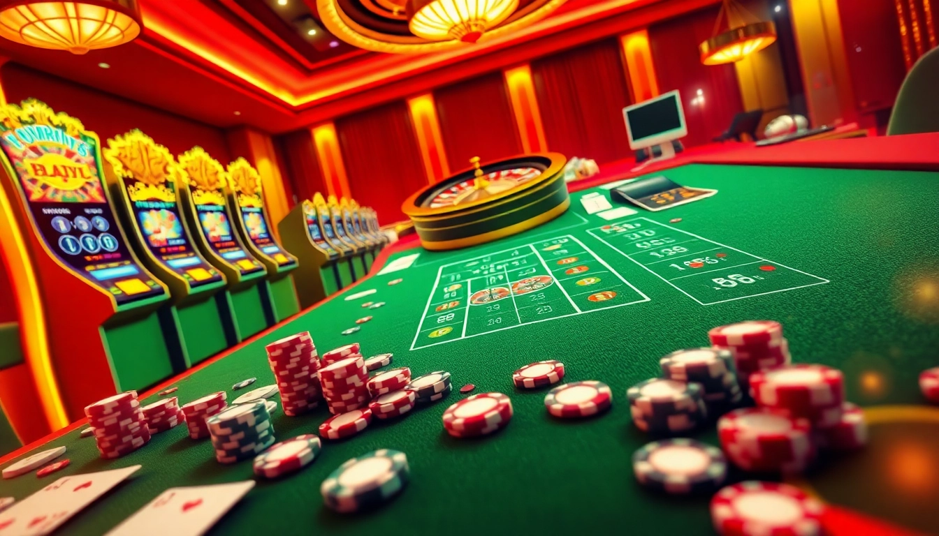 Experience the thrill of Nhà cái AU88 with a luxurious online casino scene featuring slot machines and poker chips.