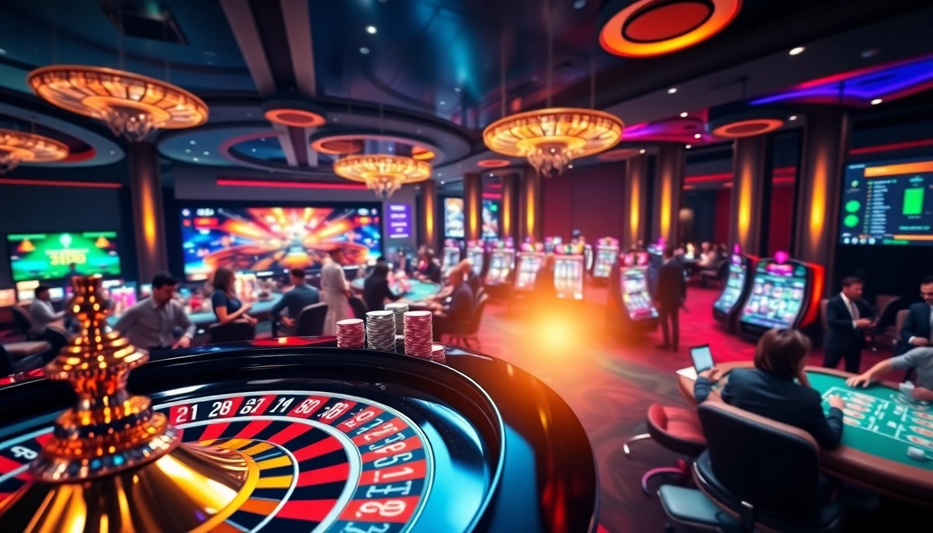 Engaging casino scene depicting players enjoying various games on trang chủ e2bet with vibrant roulette and poker elements.