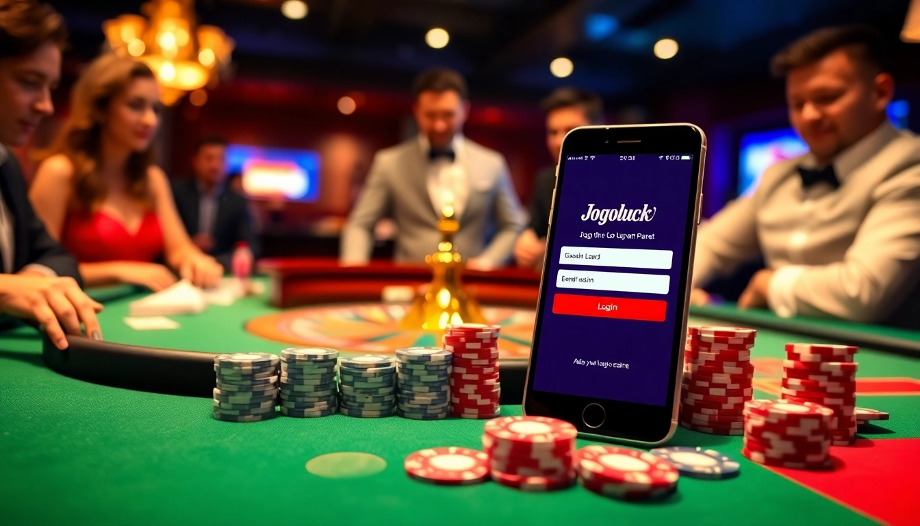 Experience Jogoluck Login with excitement at a luxurious casino table filled with cards and chips.
