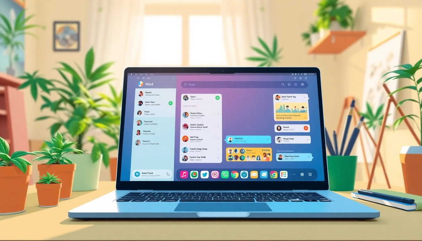 Engaging digital workspace showing weed telegram channels on a laptop with a warm atmosphere.