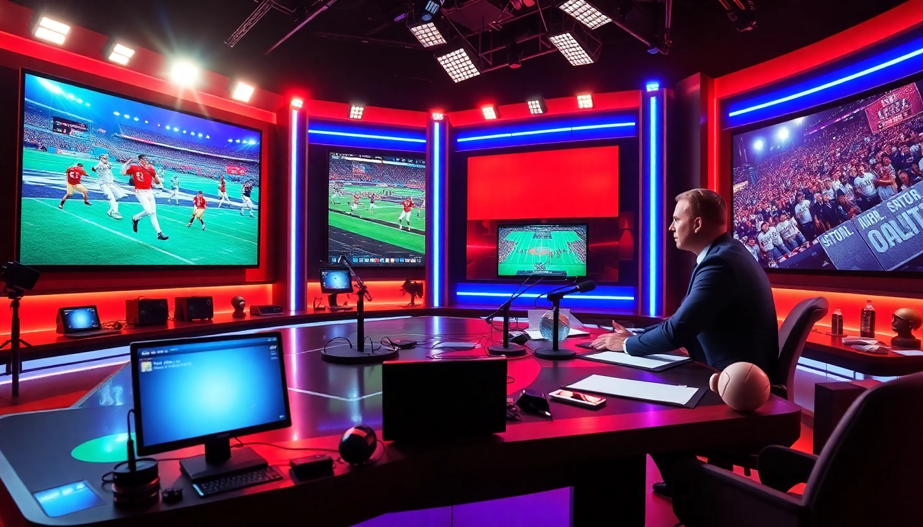 Sports Broadcasting hosts engaging with vibrant graphics in a modern studio.