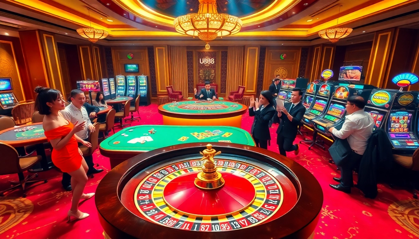 Experience the thrill of U888 with players engaging in high-stakes casino games and vibrant slot machines.