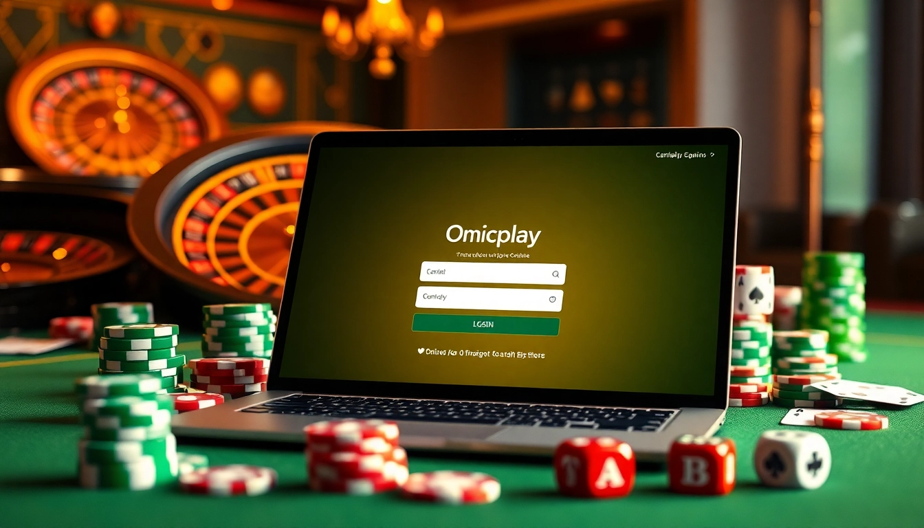 Engage in a thrilling casino experience with the Onicplay login interface showcased among poker chips and vibrant slot machine icons.
