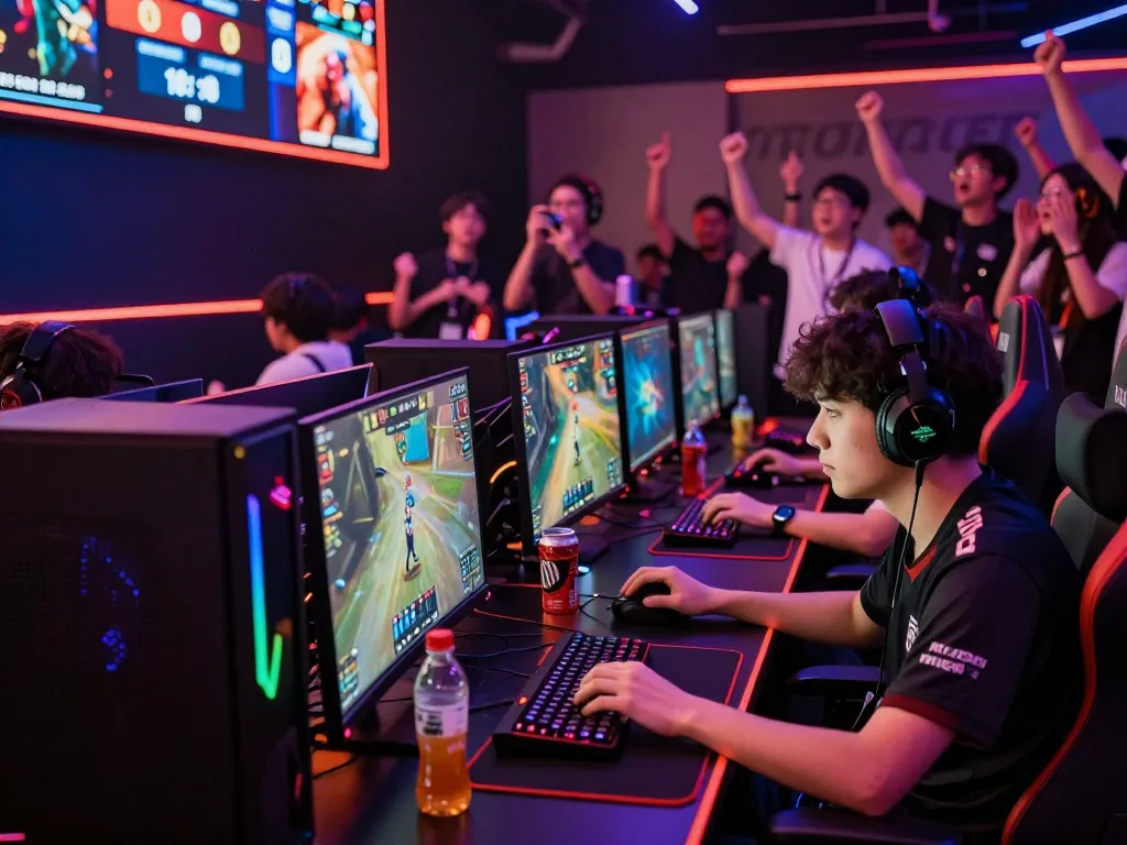 Exciting scene of gamers betting on nổ hũ hubet88 in a lively esports arena.