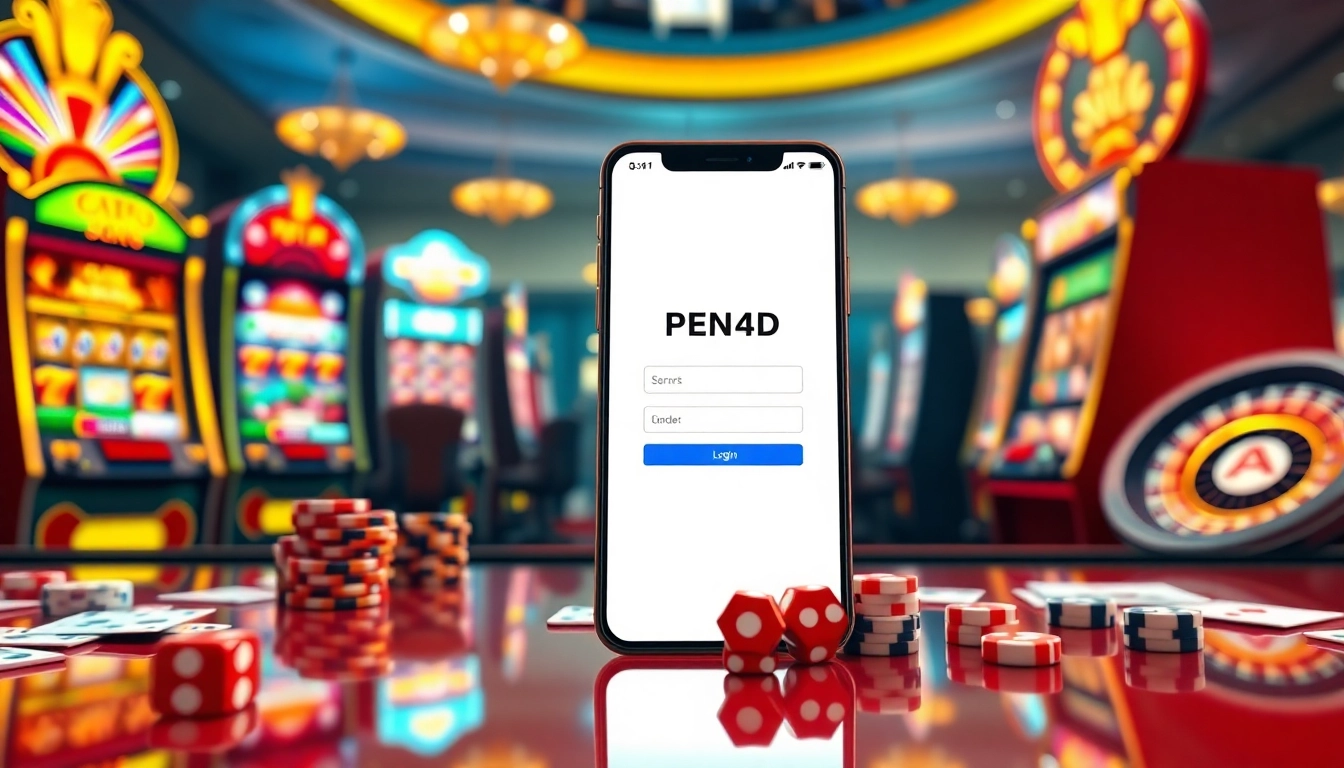 PEN4D login interface showcasing vibrant slot machines and casino elements for dynamic gameplay.