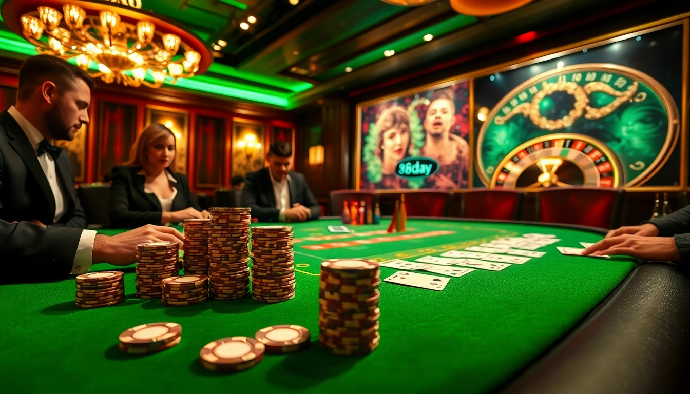 Engage in high-stakes poker at 8day's luxurious casino, showcasing vibrant chips and intense gameplay.