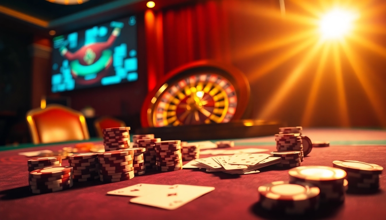 68win player enjoying a big win at a luxury casino table surrounded by poker chips and cards.