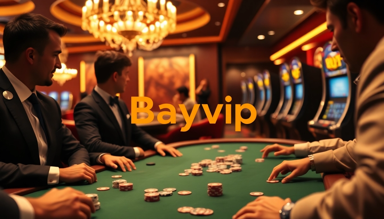 Excited gamblers playing at a Bayvip branded poker table in a vibrant casino.