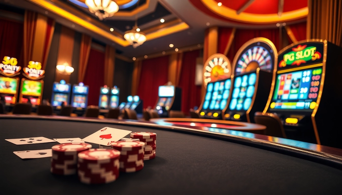 Experience the excitement of pg slot demo with vibrant slot machines and gaming tables