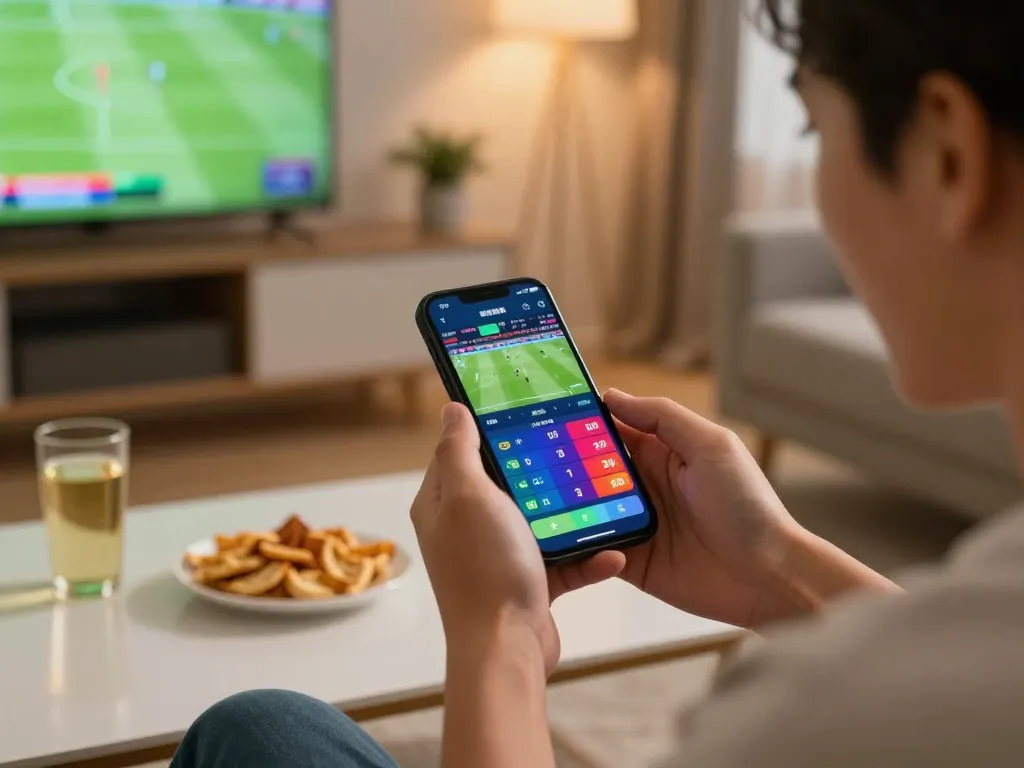 Person enjoying live sports betting on betbet app, smartphone in hand while watching a game.