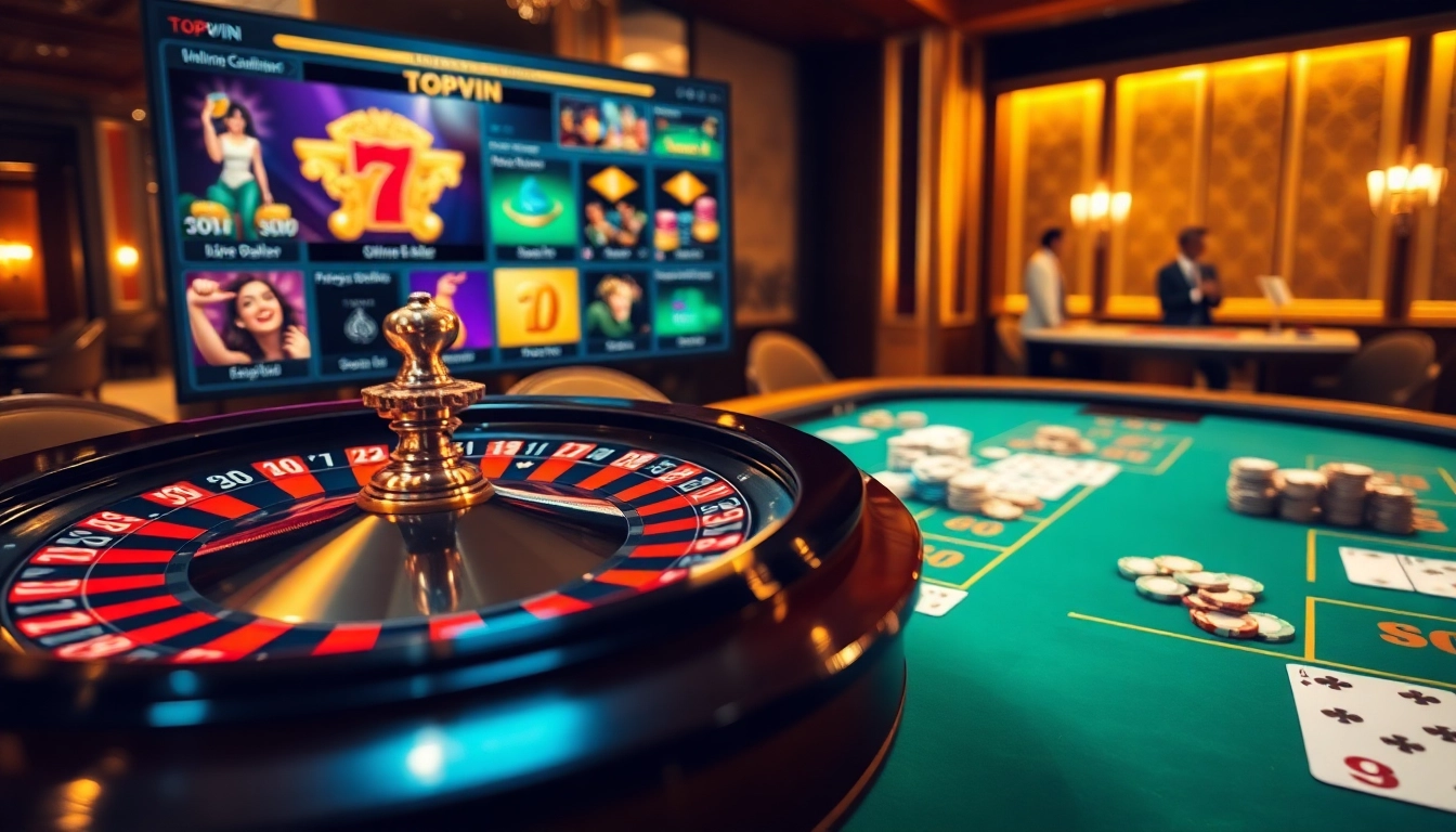 Exciting casino scene showcasing Topvin's vibrant gaming atmosphere with roulette wheel and chips.