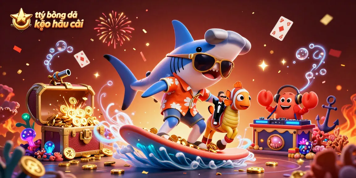 Engaging illustration of tỷ lệ bóng đá kèo nhà cái showcasing a shark, clownfish, and crab in a festive casino-themed underwater scene.