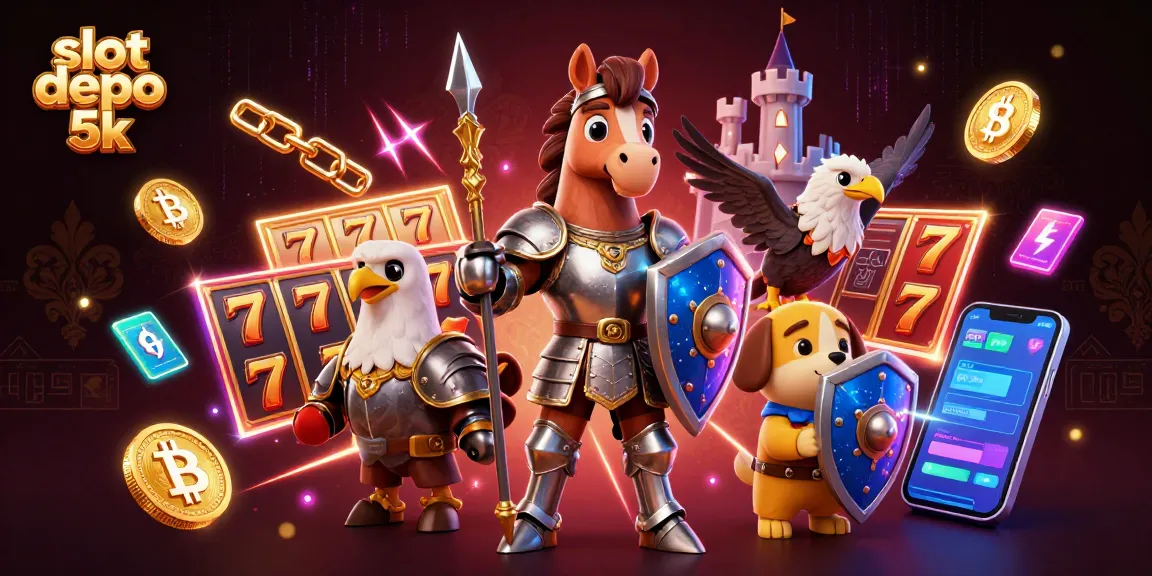 Engage with slot depo 5k in this vibrant 3D illustration featuring a knight, squire, and falcon in a casino-themed scene.