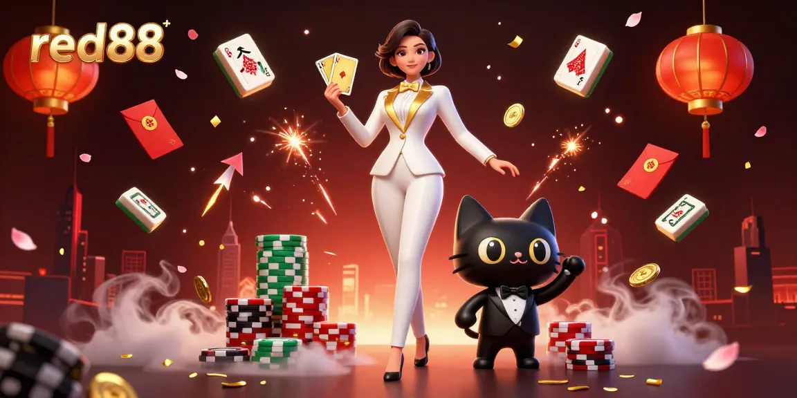 Experience thrilling gameplay with red88 as a woman shuffles cards beside her elegant tuxedo cat.
