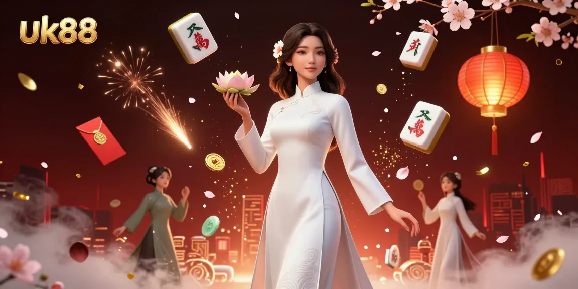 Experience the thrill of uk88 with a vibrant casino illustration showcasing elegant Asian characters and rich gaming elements.