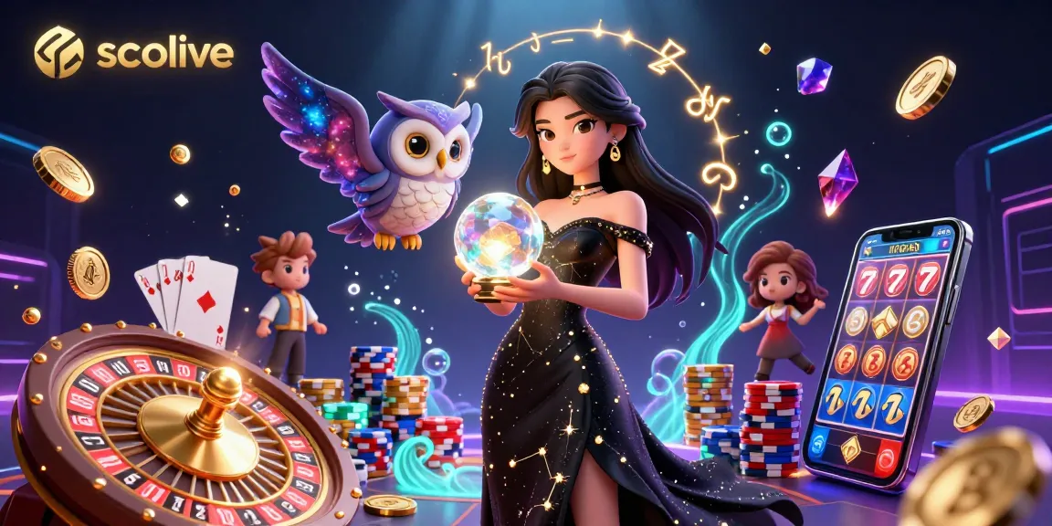 Socolive presents a stunning 3D illustration of a glamorous woman and mystical owl amidst vibrant gambling elements.