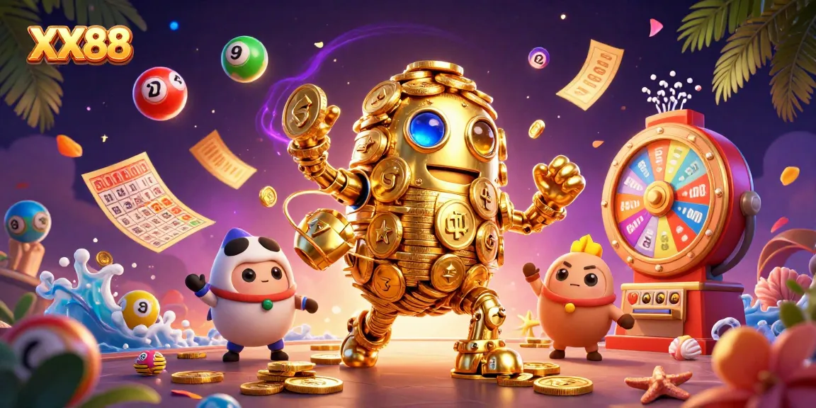 Experience the thrill of XX88 with an ancient golden golem amidst vibrant casino elements.