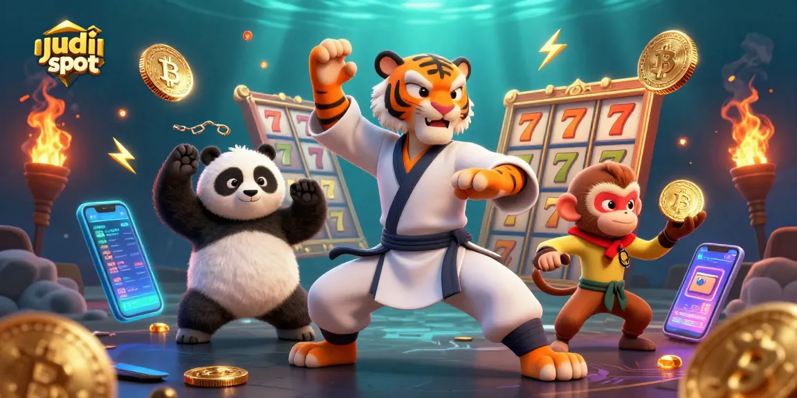 Play judi slot with animated characters and exciting gaming elements in a vibrant casino scene.