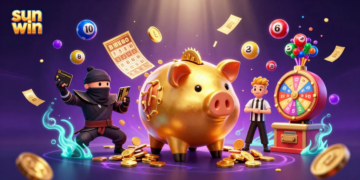 Engage in sun win gaming excitement with a golden piggy bank sumo wrestler amidst lottery elements.