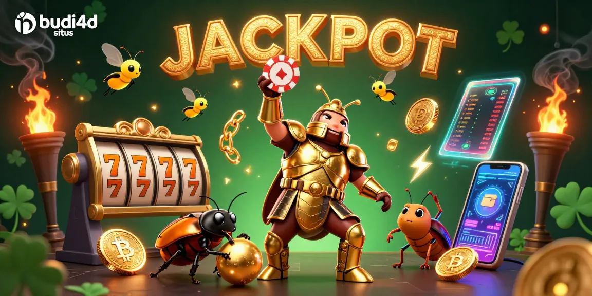 Engage with the budi4d situs in this vibrant 3D casino illustration showcasing exciting slot reels and golden poker elements.