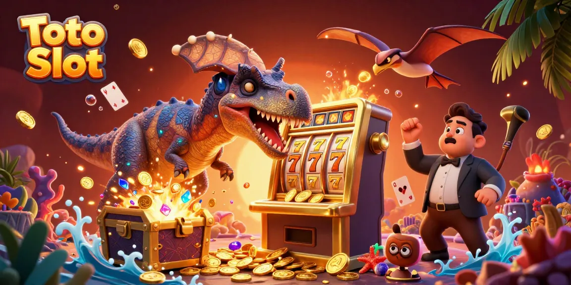 Engage in the thrilling Toto Slot experience with a dinosaur-themed jackpot chase featuring vibrant elements and dynamic action.