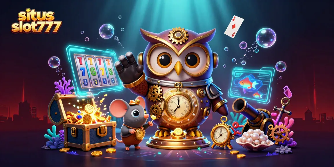 Situs slot777 showcases a lively 3D cartoon scene with a time-traveling owl, vibrant casino elements, and treasure-gathering excitement.